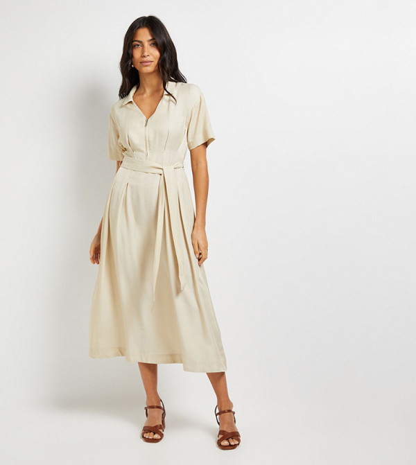 Solid Denim Look Zip Belted Midi Dress