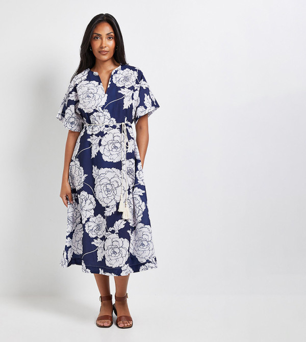 Petite Floral Printed Belted Midi Dress