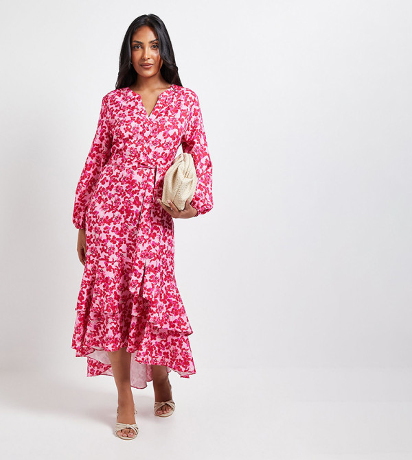 Petite Floral Print Button Midi Dress