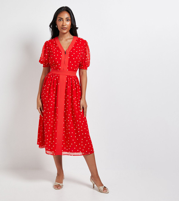 Petite Polka Dots Zip Puff Sleeves Midi Dress