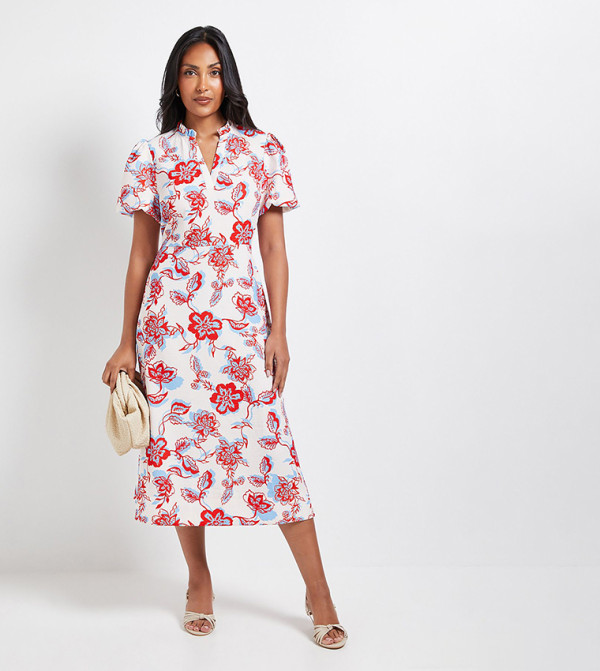 Petite Floral Print Waffle Ruched Midi Dress