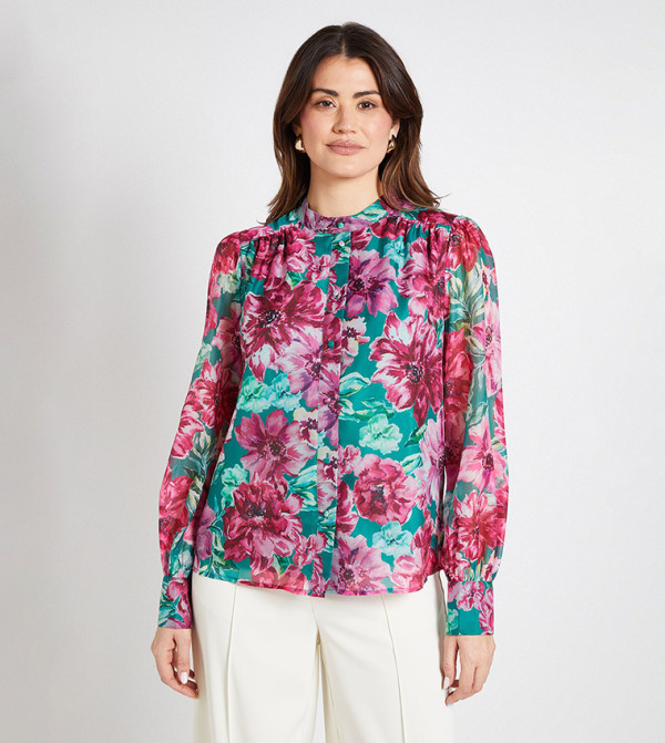 Floral Printed Mock Neck Organza Shirt