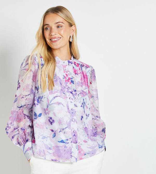 Petite Floral Organza Collarless Shirt