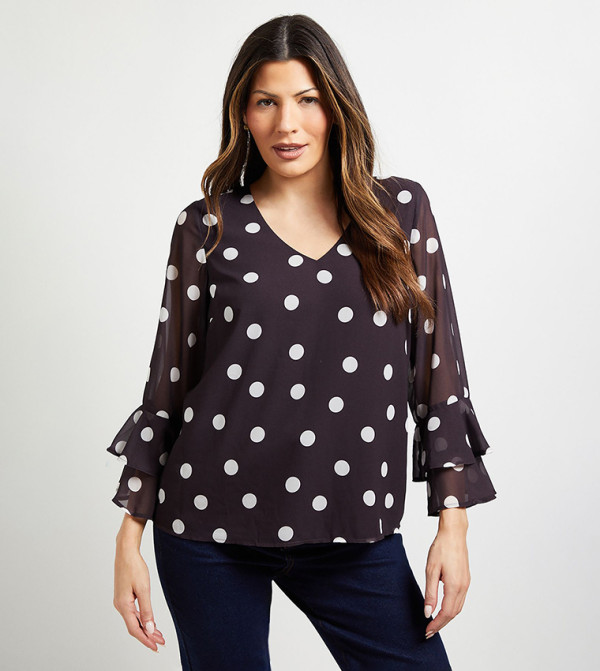 Polka Dots Flute Sleeves Top