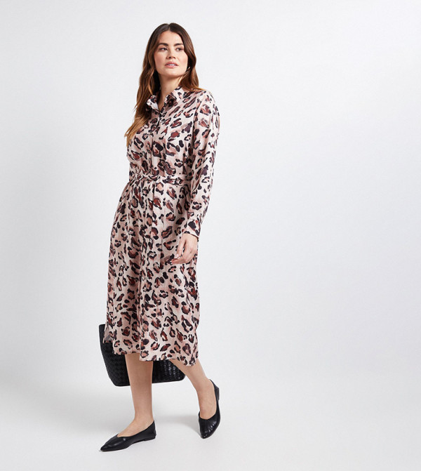 فستان قميص ميدي بقبة بطبعة فهد