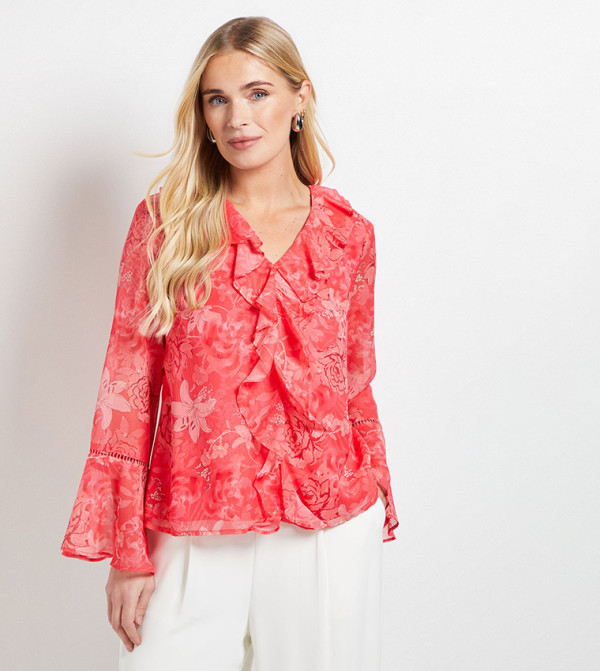 Petite Floral Printed Lace Trim Ruffled Top