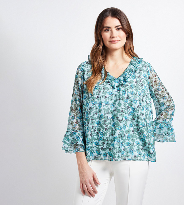 Floral Print Ruffle Detail Ladder Trim Top