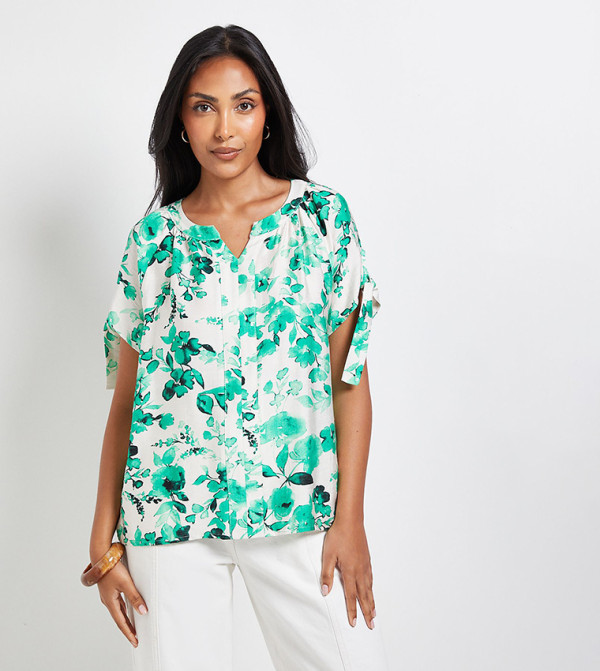 Petite Abstract Tie Short Sleeves Top