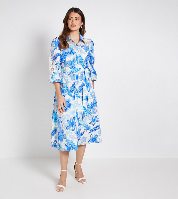 Floral Print Cotton Cutwork Detail Midi Shirt Dress