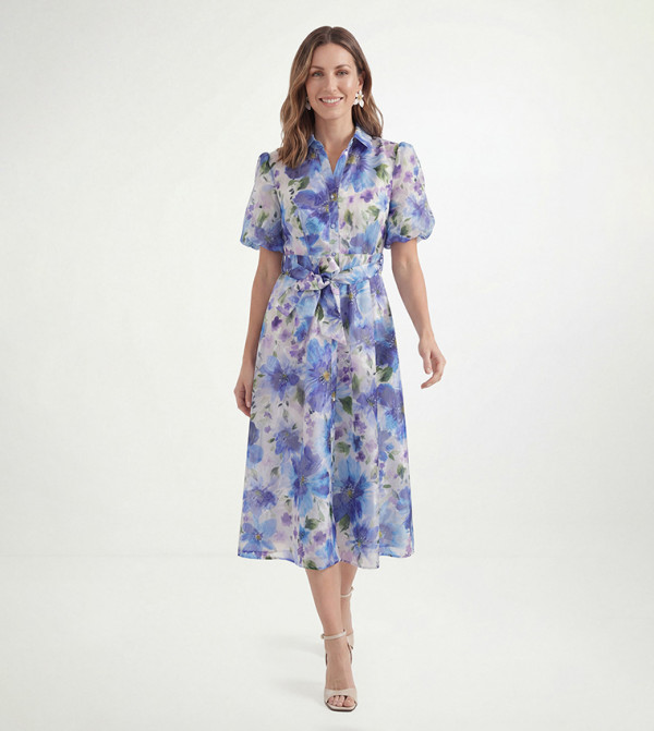 Petite Floral Print Burn Out Midi Shirt Dress
