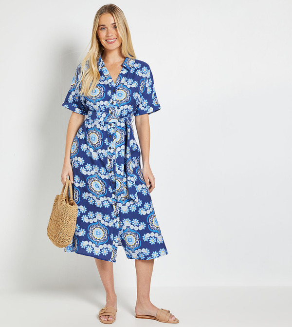 Petite Paisley Short Sleeves Midi Shirt Dress