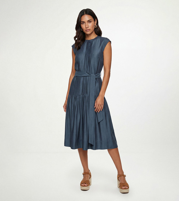 Petite Denim Look Drop Waist Midi Dress