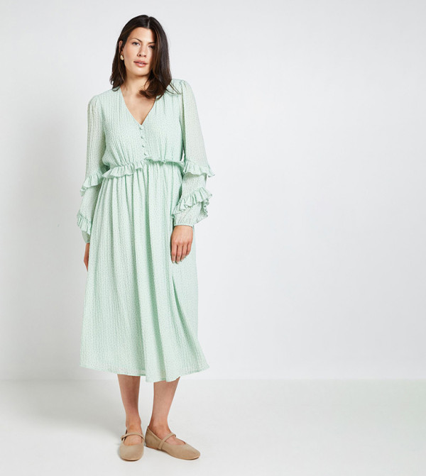 Textured Spot Ruffle Midi Dress