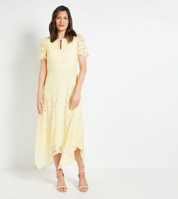 فستان ميدي دانتيل بحافة غير متماثلة