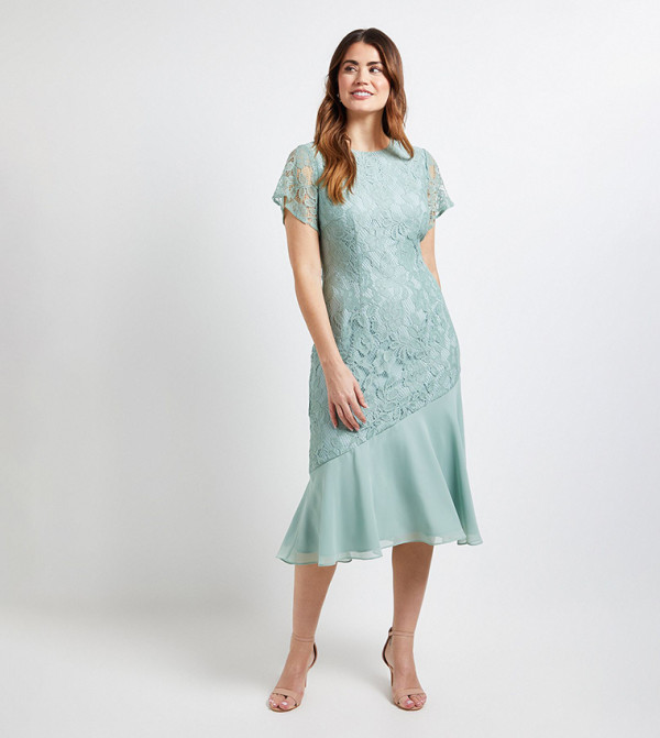 Lace Short Sleeves Asymmetric Midi Dress