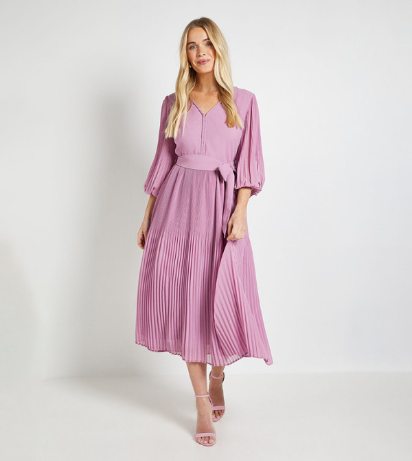 Petite Chiffon Plait Detail Pleated Midi Dress