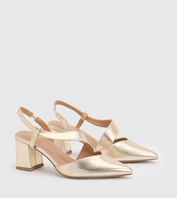 Eve Wide Fit Asymmetric Strap Block Heel Pointed Comfort Pumps