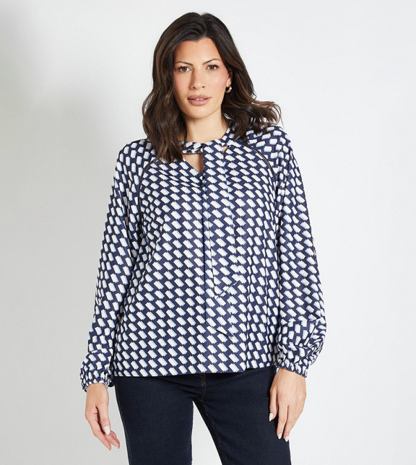 Geo Print Woven Tie Neck Overhead Top