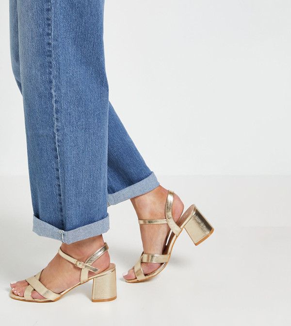 Wide Fit Samiyas Metallic Faux Leather Cross Strap Block Heel Sandals