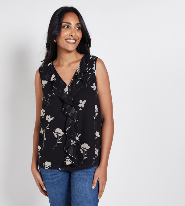 Petite Floral Print Ruffle V-Neck Sleeveless Top