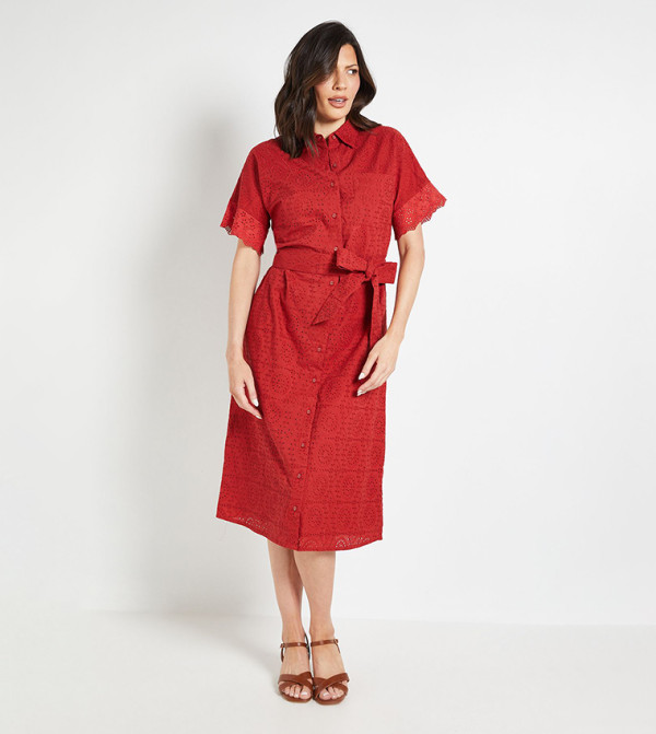 Broderie Belted Midi Shirt Dress