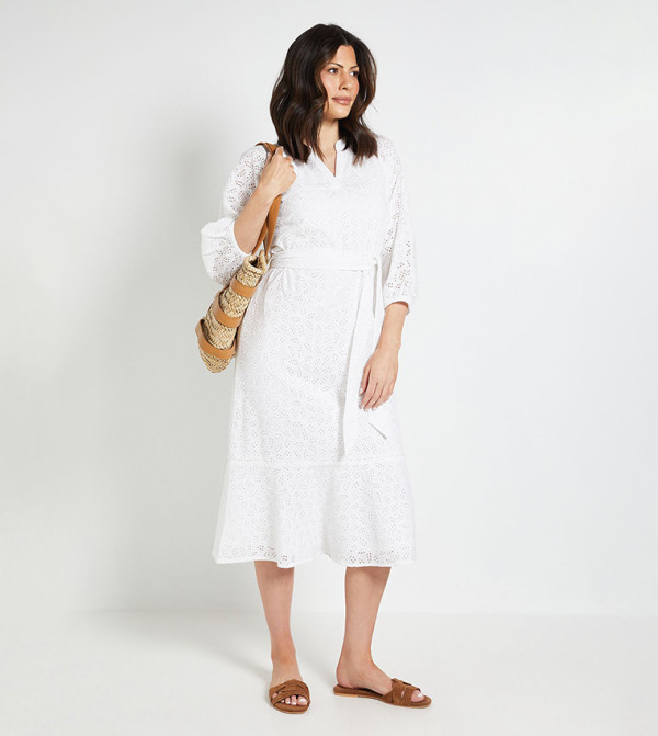 Broderie Puff Sleeves Midi Dress