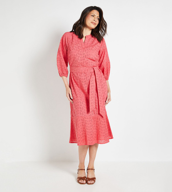 Broderie Puff Sleeves Midi Dress