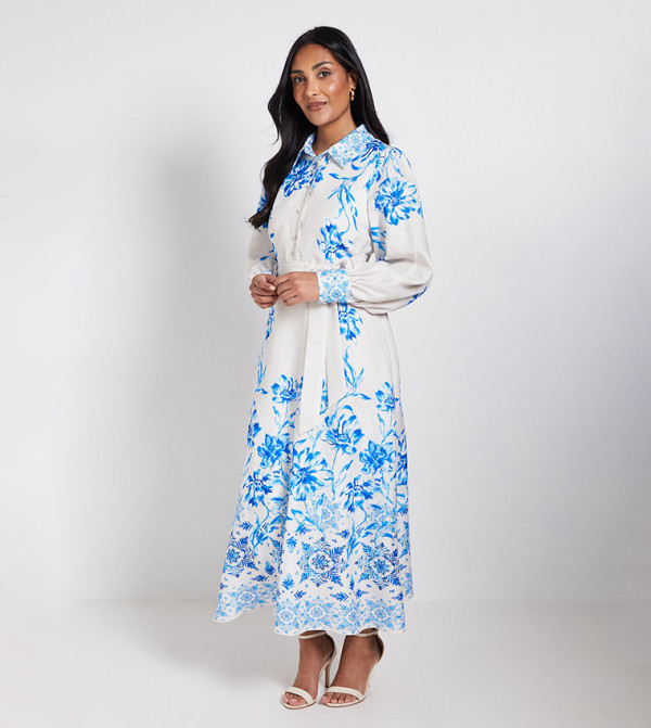 Petite Floral Belted Midi Shirt Dress
