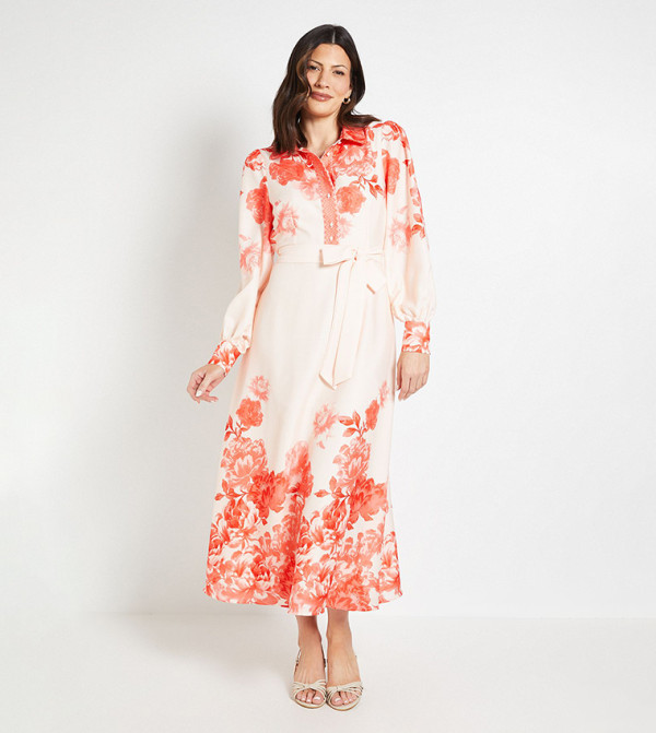 Floral Print Belted Midi Shirt Dress