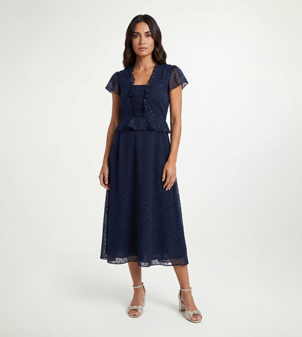 Metallic Woven Ruffle Detail Midi Dress