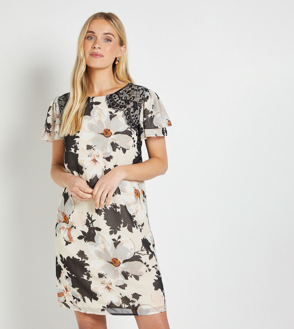 Petite Lace Ruffle Sleeves Shift Mini Dress