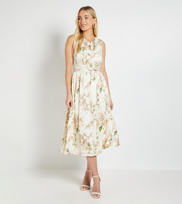 Petite Crepe Cowl Pleated Midi Dress