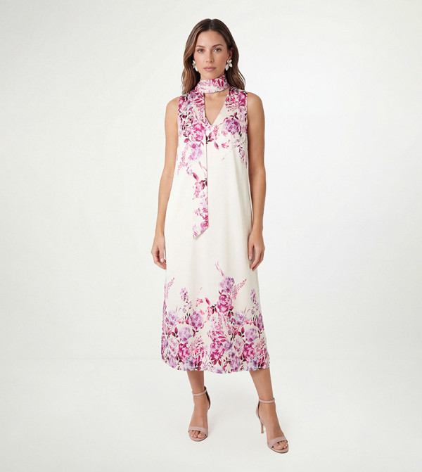 Petite Floral Print Satin Scarf Midi Dress