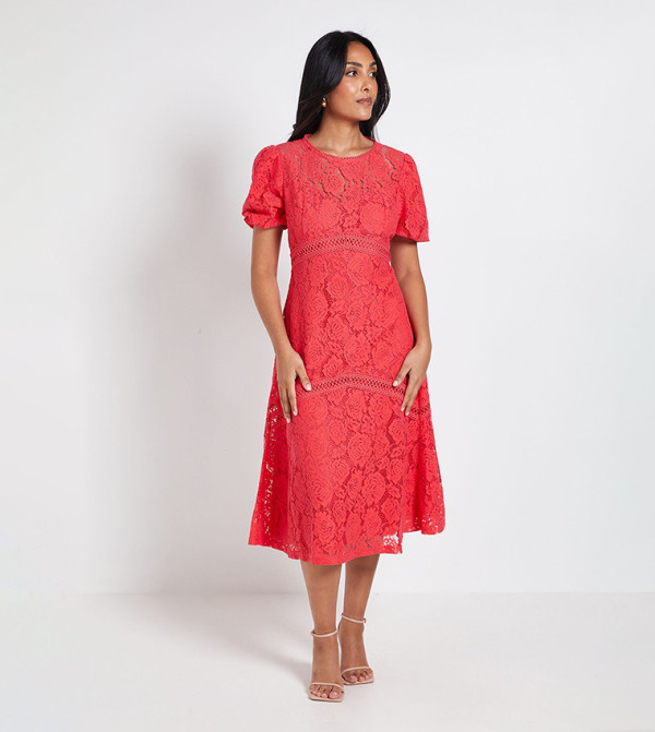 Petite Lace Puff Sleeves Midi Dress