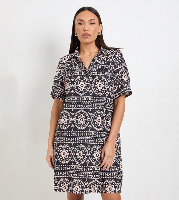 Printed Roll Sleeves Shift Mini Dress