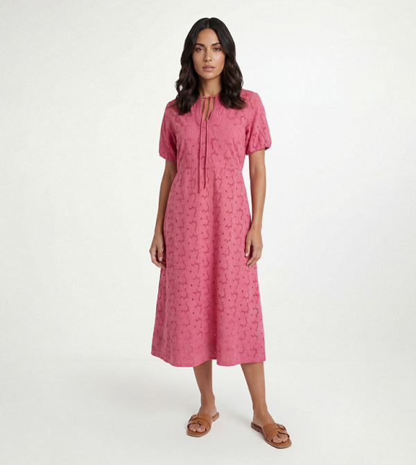 Short Sleeves Broderie Smock Midi Dress