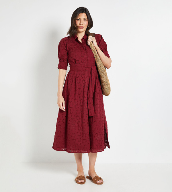 Broderie Belted Midi Shirt Dress
