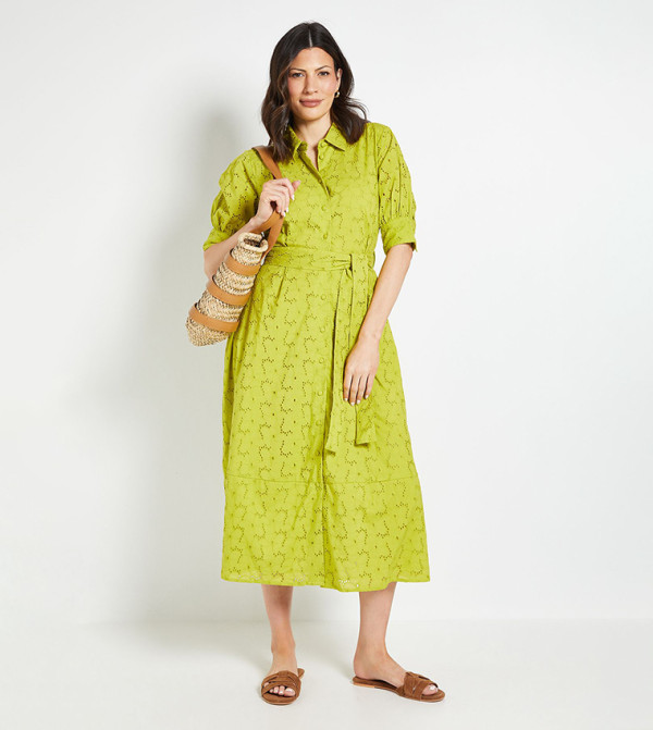 Broderie Belted Midi Shirt Dress