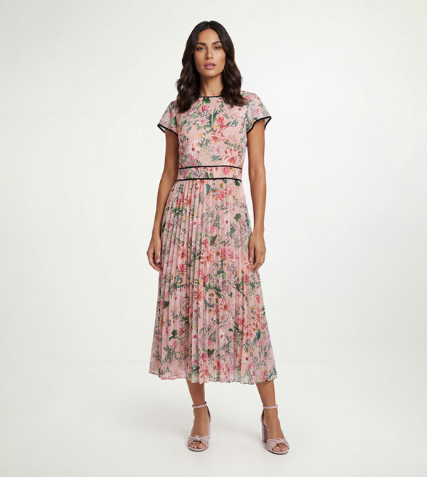 Floral Print Contrast Pleated Midi Dress