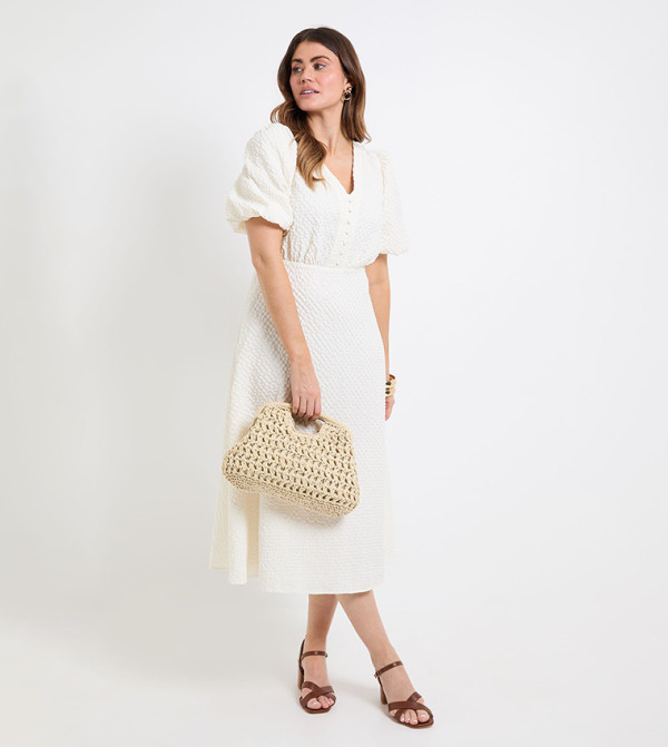 Textured Puff Sleeves Midi Dress