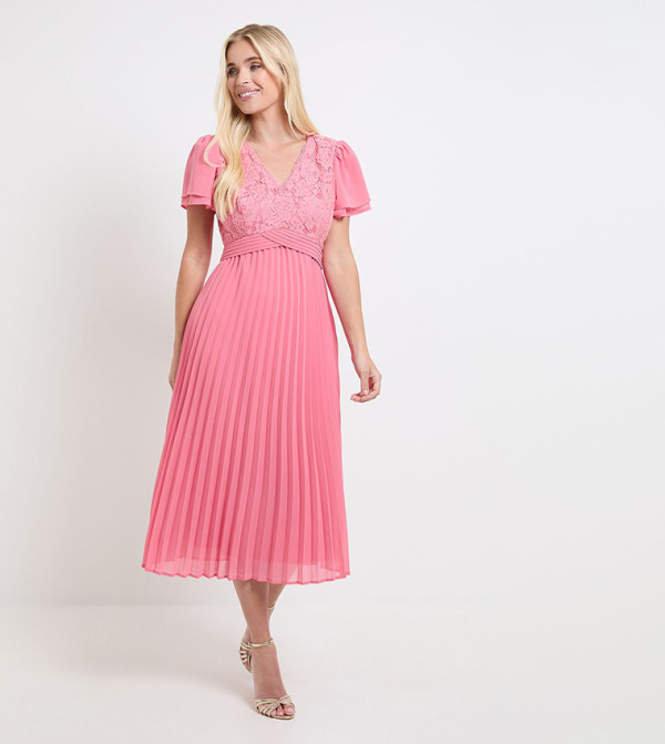 Petite Lace Pleat Detail Midi Dress