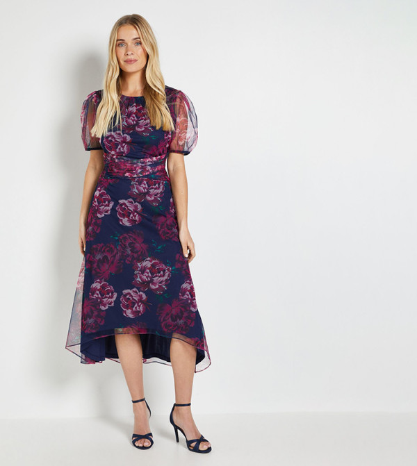 Petite Floral Mesh Pleated Midi Dress