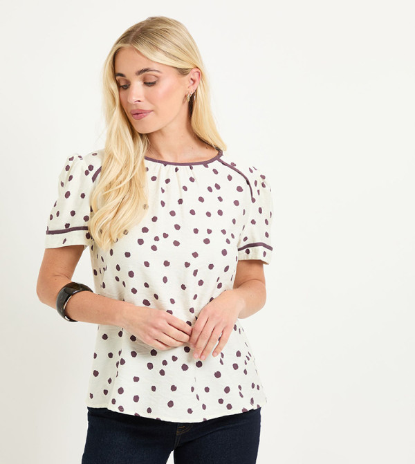 Petite Polka Dots Contrast Short Sleeves Top
