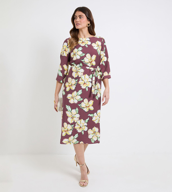 Floral Print Belted Midi Dress