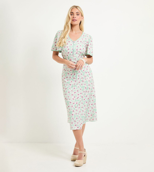 Petite Floral Print Zip Flared Sleeves Midi Dress