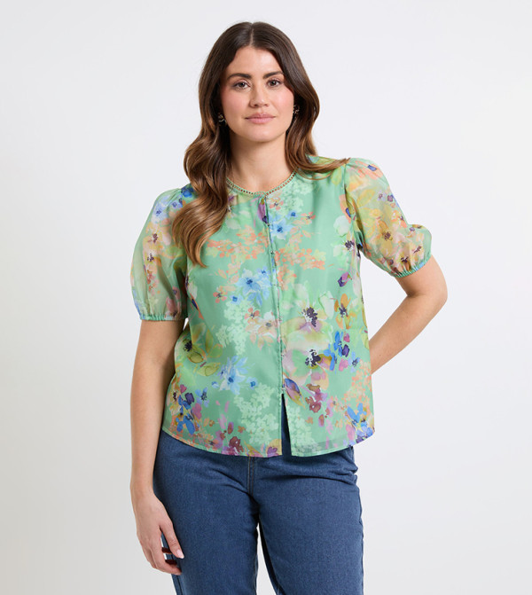 Printed Organza Puff Sleeves Top
