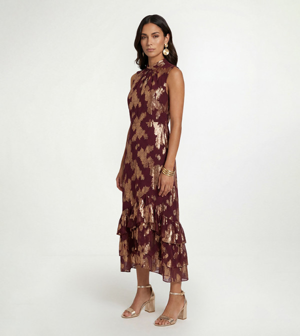 Metallic Ruffle Hem Midi Dress