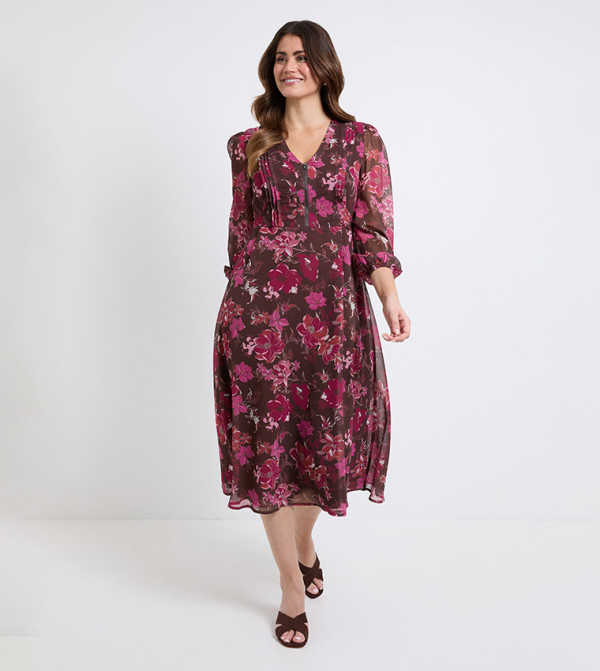 Floral Print Pintuck Zip Midi Dress