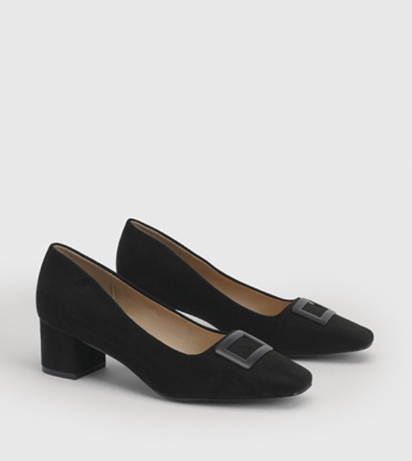 Danny Faux Suede Square Toe Covered Buckle Medium Block Heel Pumps