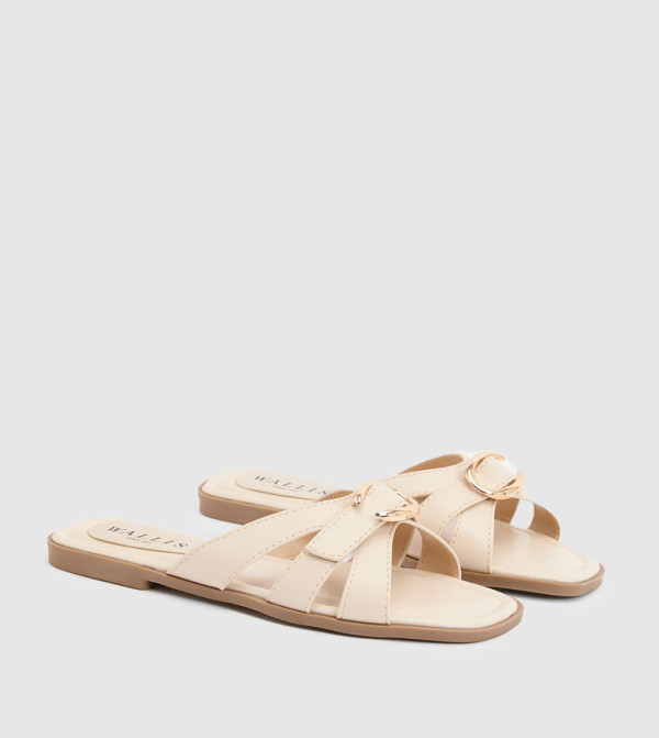 Becky Faux Leather Cross Strap Metal Detail Flat Sandals